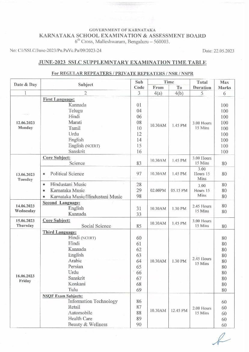 SSLC supplementary time table 2023